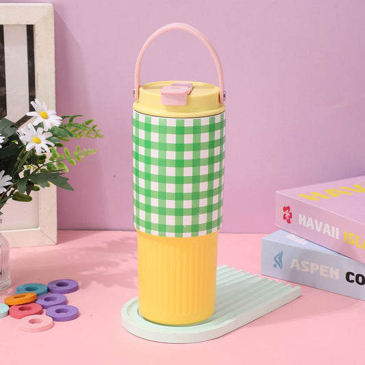Colorful Checkered Pattern Travel Mug with Portable Silicone Soft Handle and Straw for Mischievous Girl