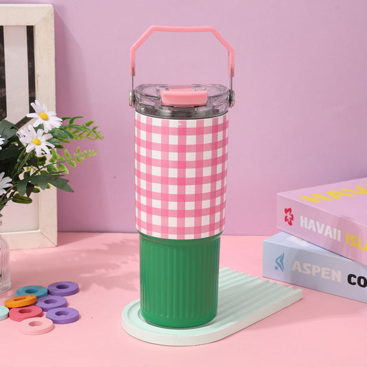 Colorful Checkered Pattern Travel Mug with Portable Hard Handle and Straw for Mischievous Girl