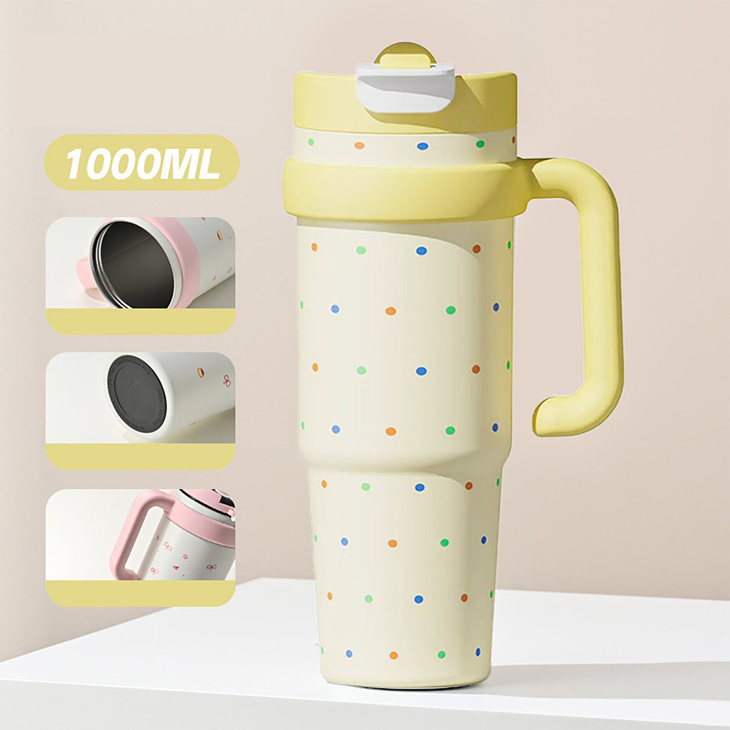 Colorful Dots travel mug with portable Handle and straw