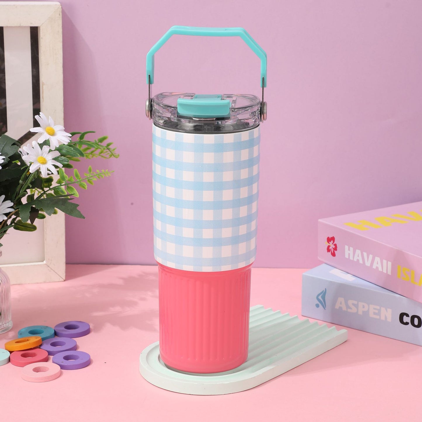 Colorful Checkered Pattern Travel Mug with Portable Hard Handle and Straw for Mischievous Girl