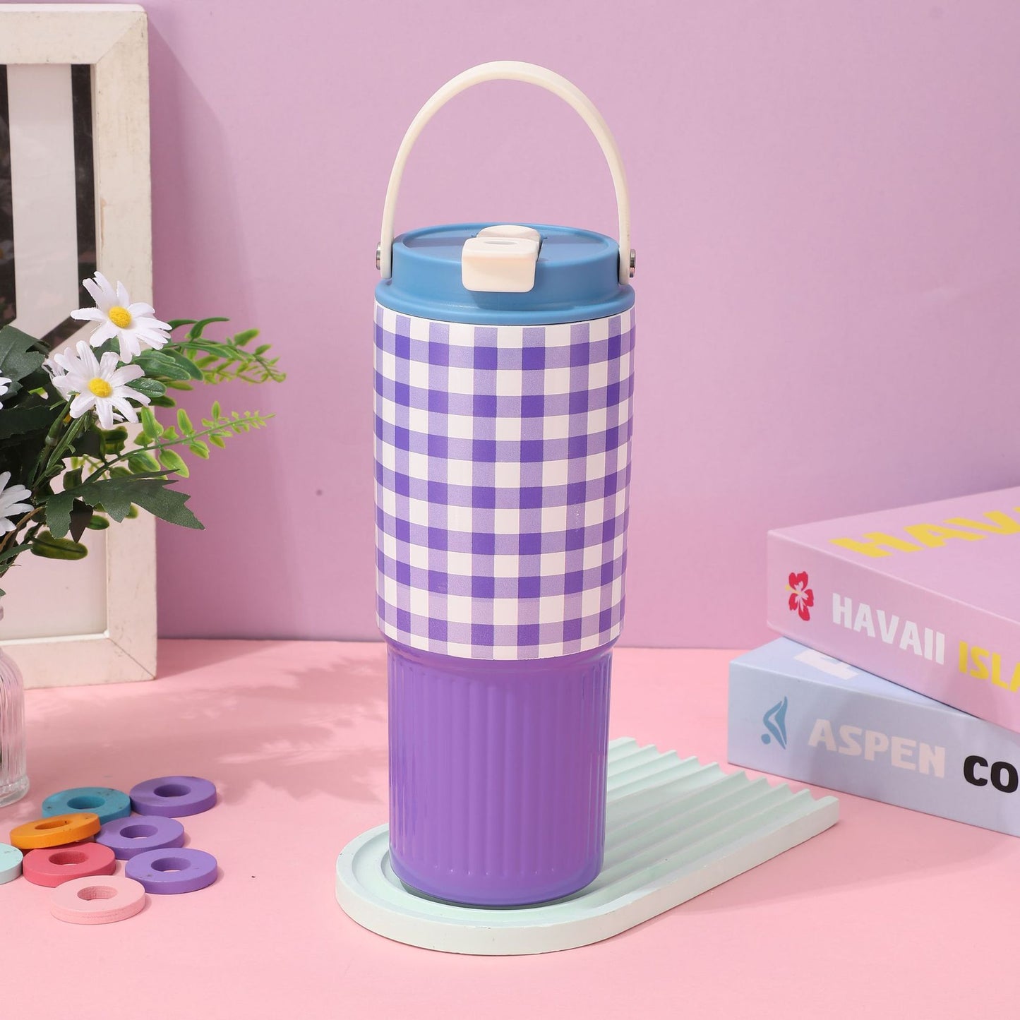Colorful Checkered Pattern Travel Mug with Portable Silicone Soft Handle and Straw for Mischievous Girl