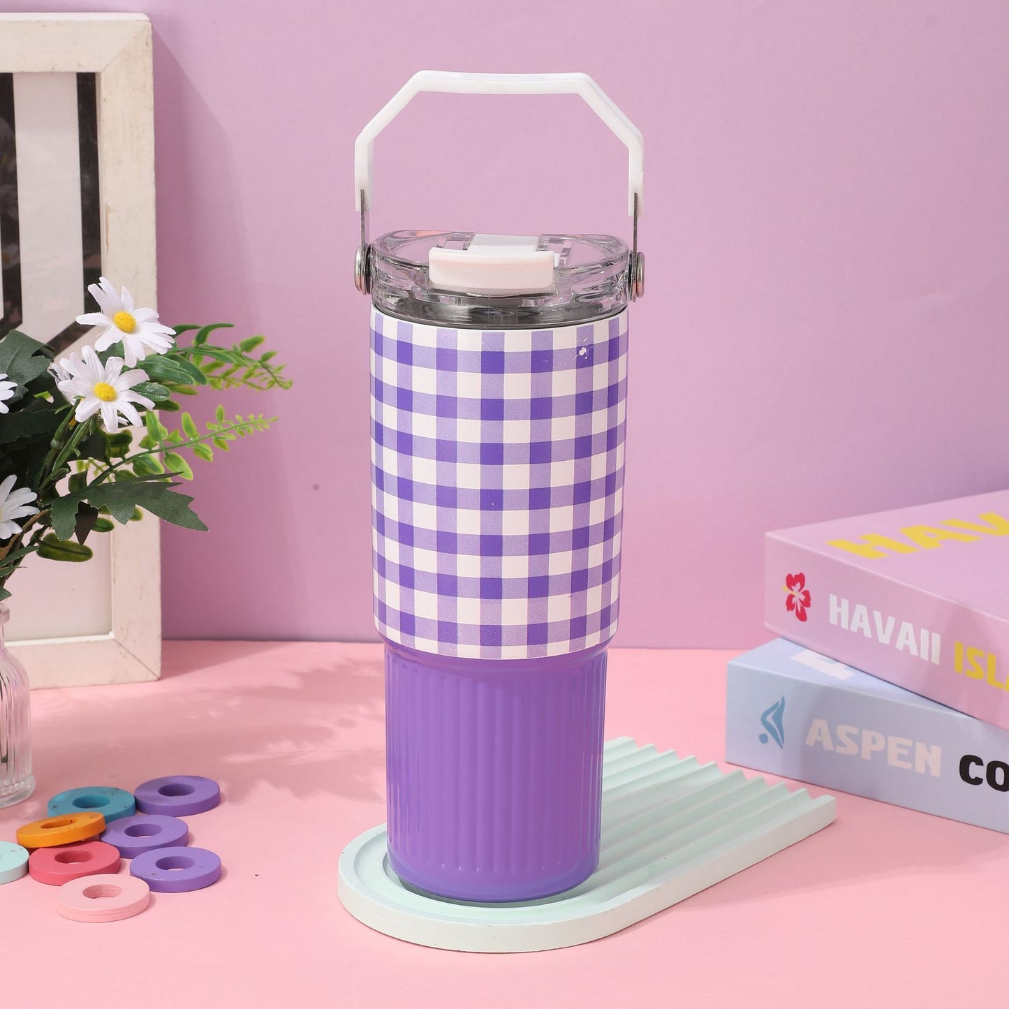 Colorful Checkered Pattern Travel Mug with Portable Hard Handle and Straw for Mischievous Girl