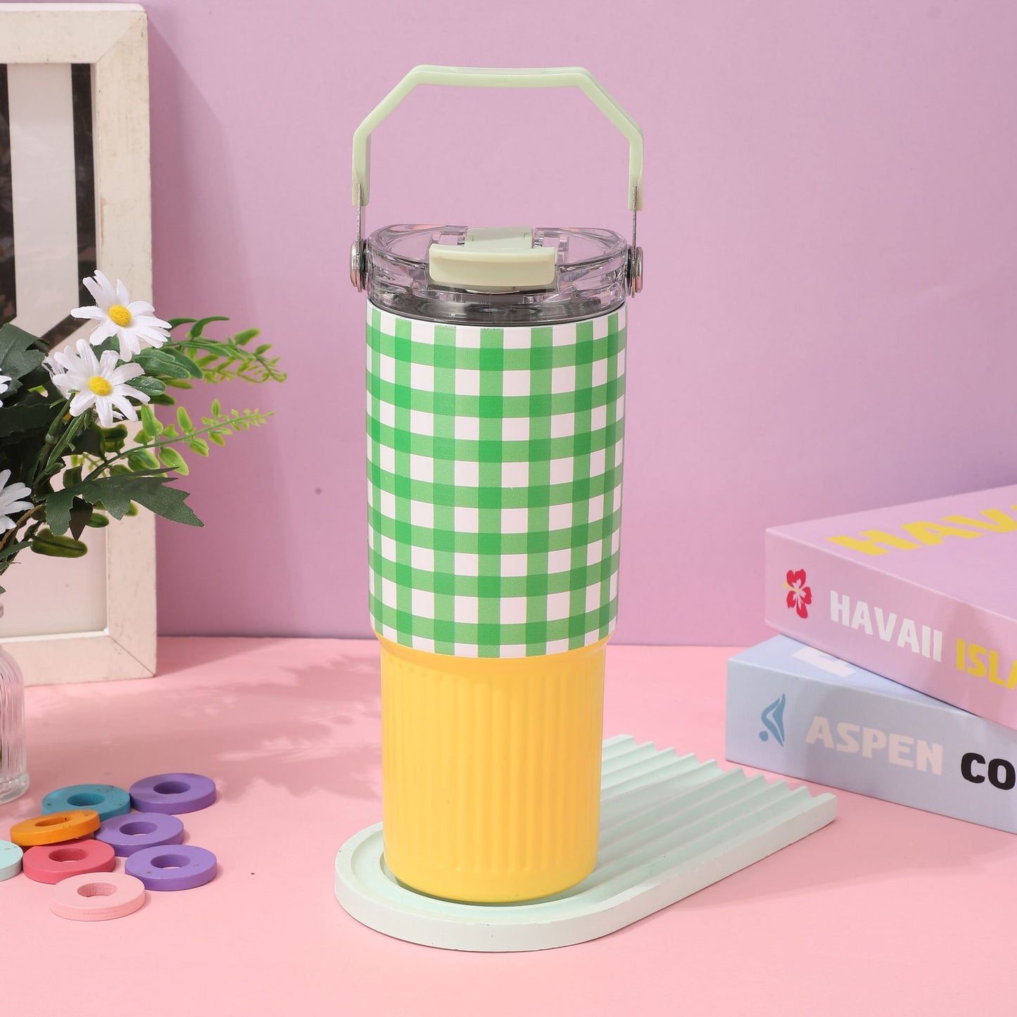 Colorful Checkered Pattern Travel Mug with Portable Hard Handle and Straw for Mischievous Girl